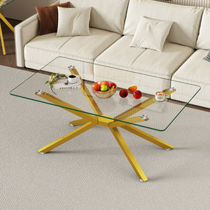 English Elm 39.37" Rectangular Clear Tempered Glass Coffee Table with Gold Metal Legs, Modern Durable Accent Piece W241P228013