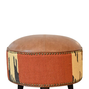 English Elm Solid Buffalo Leather Durrie Fabric Cube Footstool with Walnut Nordic Tapered Legs B182P280809