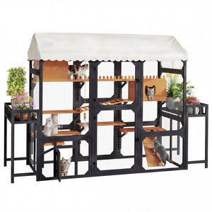 English Elm Large Pine Wood Catio Outdoor Cat Enclosure with Wire Mesh and Dual Plant Stands Black N704G201617B