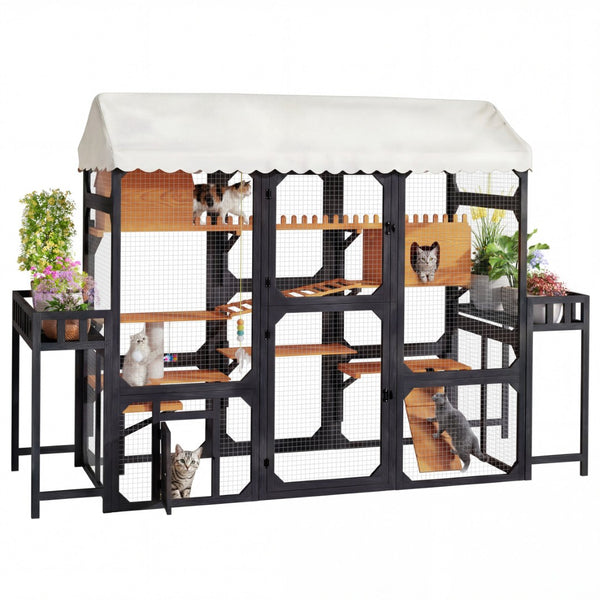 English Elm Large Pine Wood Catio Outdoor Cat Enclosure with Wire Mesh and Dual Plant Stands Black N704G201617B