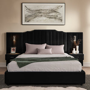 English Elm Queen Velvet Platform Bed with Tufted Headboard Integrated Nightstands and Striped Design Black W487S00441
