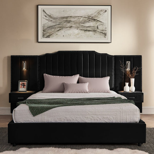 English Elm Queen Velvet Platform Bed with Tufted Headboard Integrated Nightstands and Striped Design Black W487S00441