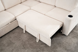English Elm Sectional Corduroy Sleeper Sofa with Storage and Charging Ports for Small Spaces White W1361S00075