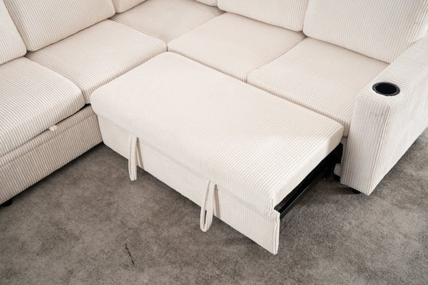 English Elm Sectional Corduroy Sleeper Sofa with Storage and Charging Ports for Small Spaces White W1361S00075