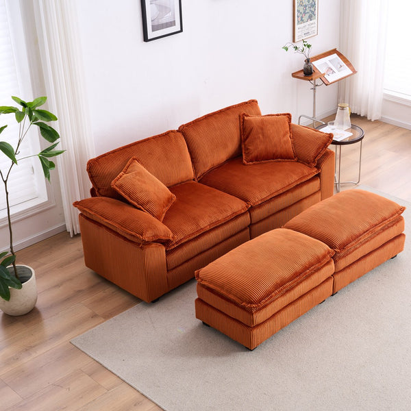 English Elm Corduroy Plush 2-Seat Sofa with 2 Back Cushions, Toss Pillows & Ottomans — Deep Seat Comfort Orange W2363S00066