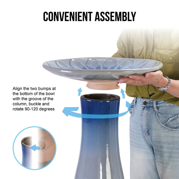 English Elm 17'' Hand-Glazed Ceramic Bird Bath Pedestal with Swirl Pattern, Durable Lightweight Outdoor Sculpture Blue Gray W3273P322557
