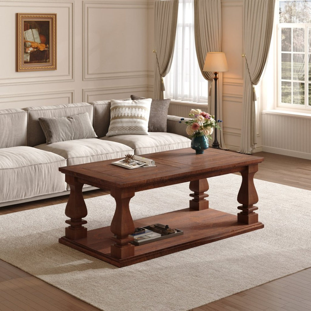 English Elm Farmhouse Coffee Table Solid Planked Wood with Open Shelf Square Baluster Living Room Antique Brown,Walnut Brown W1445P362862