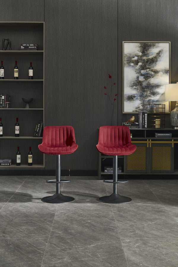 English Elm Chrome Velvet Swivel Bar Stool Set of 2 — Height Adjustable, 360° Rotating Footrest, Red Upholstery W1249P253969