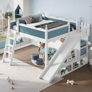English Elm Queen Loft Bed With Storage Shelves, Fun Detachable Slide, Solid Wood Design, Blue & White Finish W1580S00249-GIGA