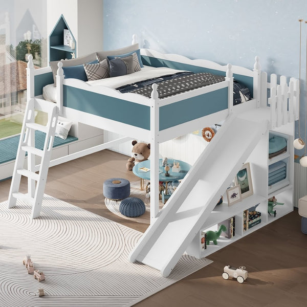 English Elm Queen Loft Bed With Storage Shelves, Fun Detachable Slide, Solid Wood Design, Blue & White Finish W1580S00249-GIGA