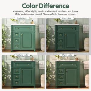 English Elm Bathroom Vanity with Sink French-Inspired 30" Ceramic Basin Vanity Cabinet with Soft-Close Doors & Drawer Organizer Green N710P286723F
