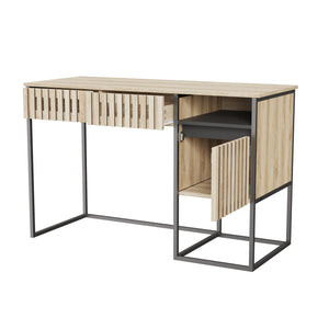 English Elm Fluted,Desk,Computer sleek natural+black slatted storage desk with 2 drawers & cabinet, MDF metal frame, versatile modern workspace solution W2673P209539
