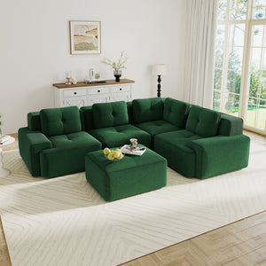 English Elm Modern Corduroy Sectional Sofa Deep Seat V Shape Tufted Couch with Movable Ottoman Green W714S01582