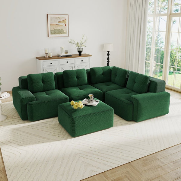 English Elm Modern Corduroy Sectional Sofa Deep Seat V Shape Tufted Couch with Movable Ottoman Green W714S01582