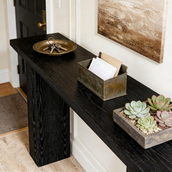 English Elm Practical Geometric Console Table with Matte Black Wood Grain Finish for Entryway or Sofa T3971P452021