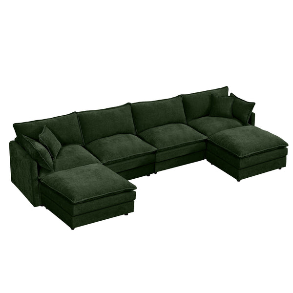 English Elm Modular U-Shaped Sectional Sofa - 130.7 Inch Cozy 4-Seater Couch With Movable Ottomans, Green Chenille W1359S00041