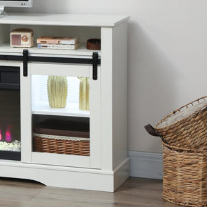 English Elm Tv Console with Electric Fireplace Mdf Steel Frame Glass Cabinet Media Storage White T3971S00088