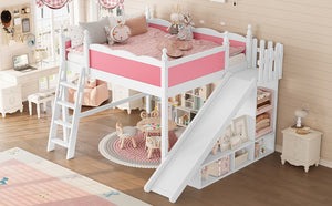 English Elm Queen Loft Bed With Fun Slide, Storage Shelves, Solid Wood Construction, Pink & White Finish, Easy Assemble W1580S00248-GIGA