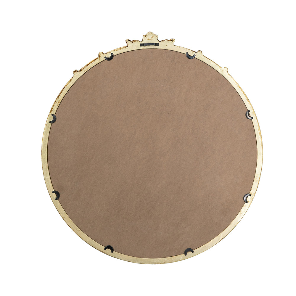 English Elm 30x31" Rococo-Inspired Round Wall Mirror in Antique Gold with Ornate Leaf Crest, Lightweight MDF Elegance W2078P372548