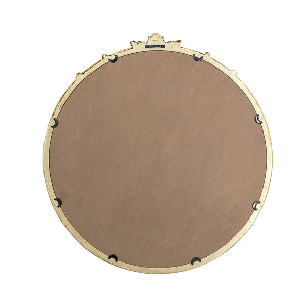 English Elm 30x31" Rococo-Inspired Round Wall Mirror in Antique Gold with Ornate Leaf Crest, Lightweight MDF Elegance W2078P372548
