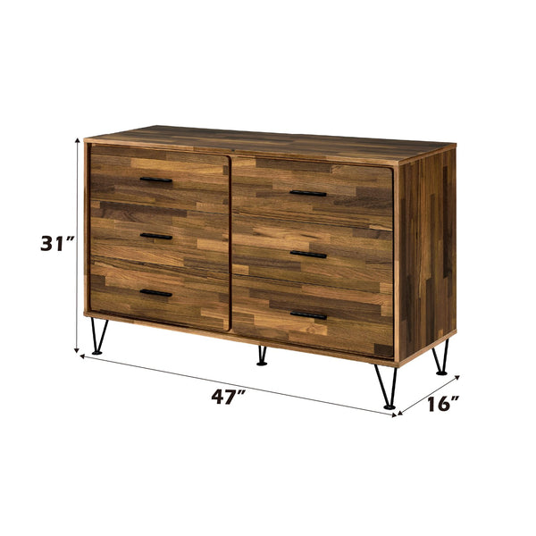 English Elm Hestia Walnut Finish Dresser with 6 Smooth-Glide Drawers, Storage Headboard & Metal Legs for Modern Bedrooms B2726P256300
