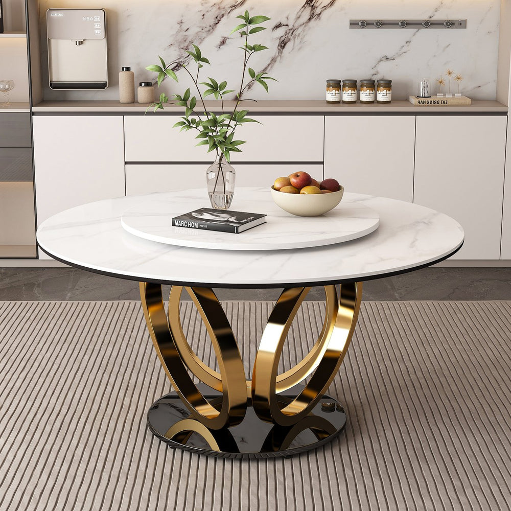 English Elm 53" Round Dining Table With 360° Lazy Susan - Stain & Heat Resistant Sintered Stone For Modern Spaces W2699S00032