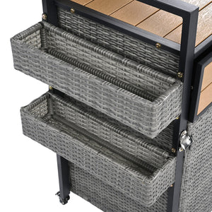 English Elm K&K Wicker Outdoor Grill Cart with Foldable Drop Leaf, Locking Wheels, Wine Rack & Ample Storage Grey N707P233747G