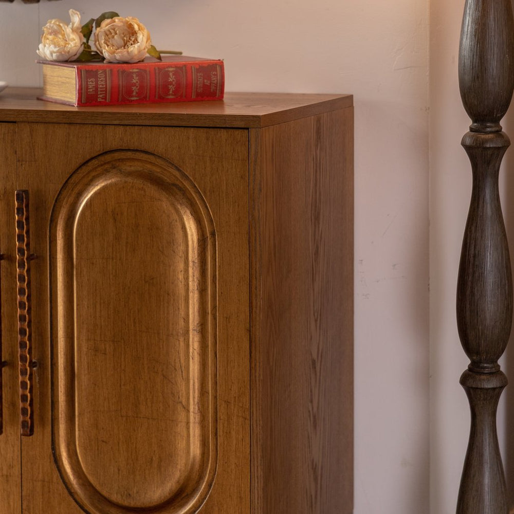 English Elm Sideboard Natural Wood Buffet Cabinet with Geometric Handleless Doors, 4-Door Adjustable Storage, Modern Entryway Console W3158P323242