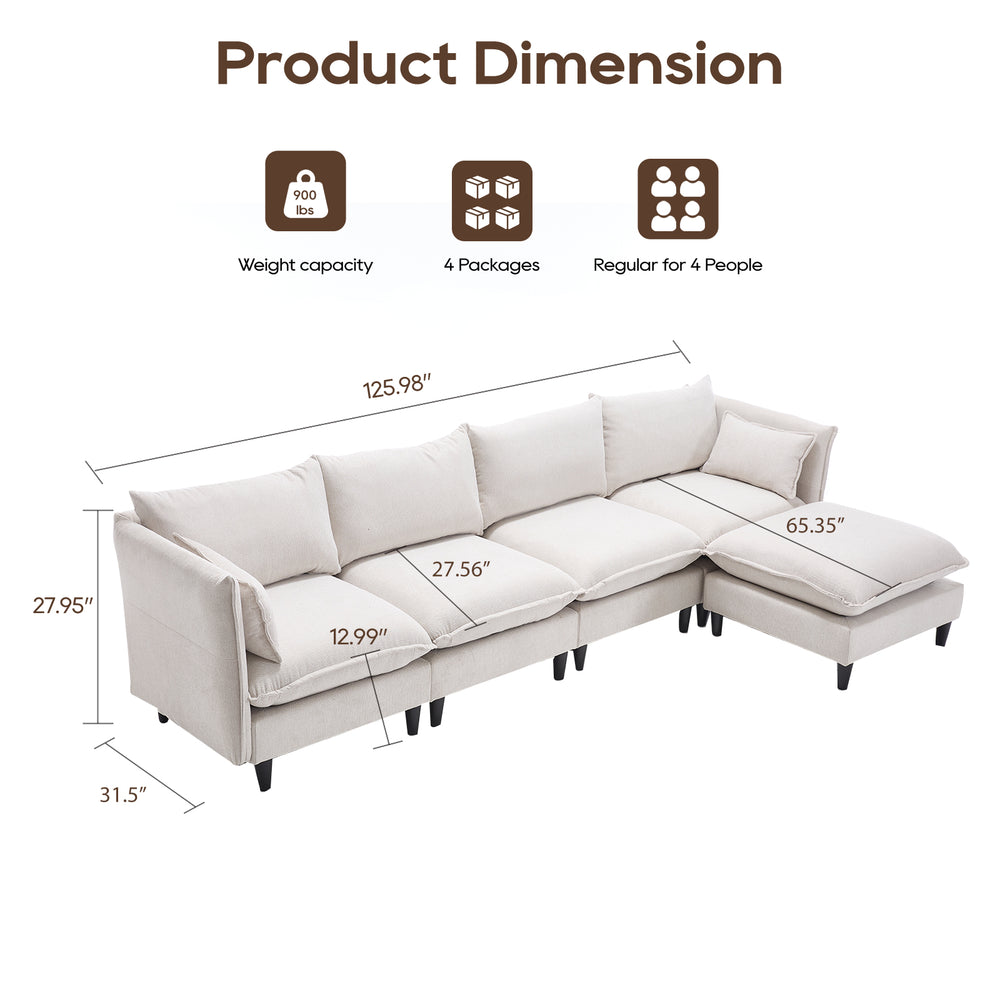 English Elm Modular Sectional Sofa with Memory Foam, Corduroy 4-Seater L-Shaped Couch w/ Movable Ottoman Beige W2959S00005