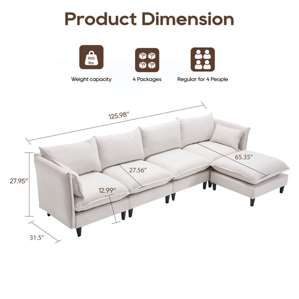 English Elm Modular Sectional Sofa with Memory Foam, Corduroy 4-Seater L-Shaped Couch w/ Movable Ottoman Beige W2959S00005