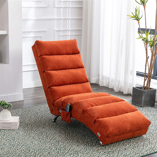 English Elm Linen Ergonomic Massage Chaise Lounge with Remote Control, 140° Recline, Heavy-Duty Frame, 5 Modes Orange W39539622