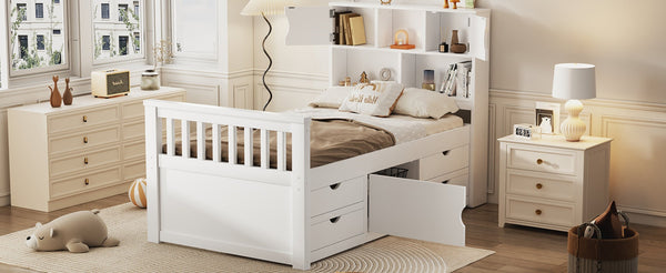 English Elm Twin Captain Platform Bed with Bookcase Headboard Four Drawers Pine Mdf Frame White GX001828AAK-1