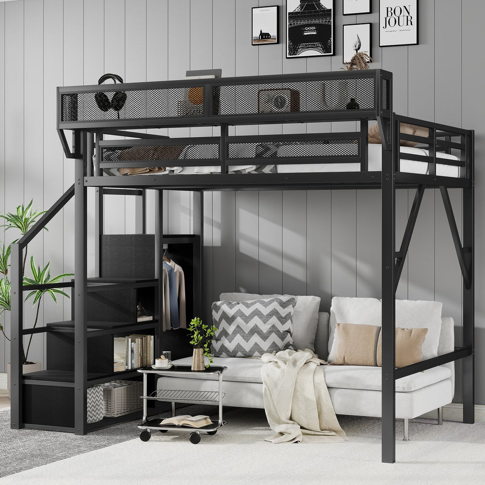 English Elm Full Size Loft Bed With Stairs And Storage Shelves – Stylish Black Metal High Loft Bed For Kids & Teens W2580S00037