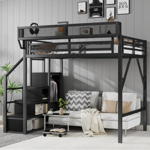 English Elm Full Size Loft Bed With Stairs And Storage Shelves – Stylish Black Metal High Loft Bed For Kids & Teens W2580S00037