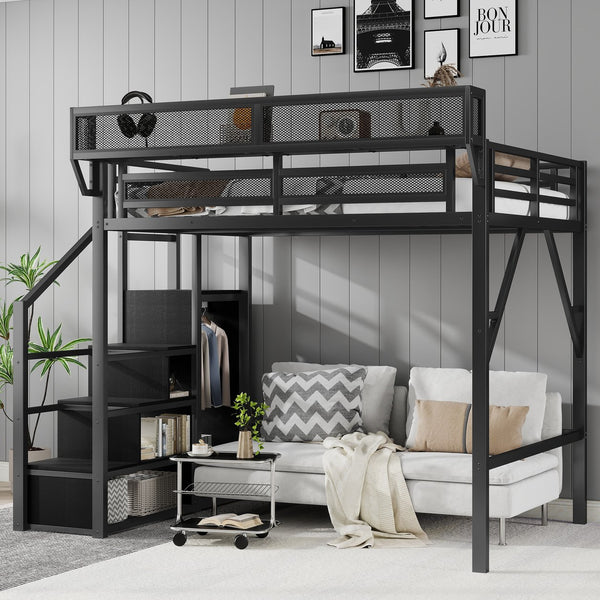 English Elm Full Size Loft Bed With Stairs And Storage Shelves – Stylish Black Metal High Loft Bed For Kids & Teens W2580S00037