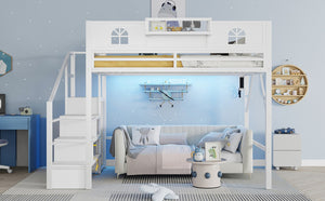 English Elm Metal Queen Loft Bed with L Shaped Desk Wardrobe Led Lighting and Usb for Teens White W2593S00057