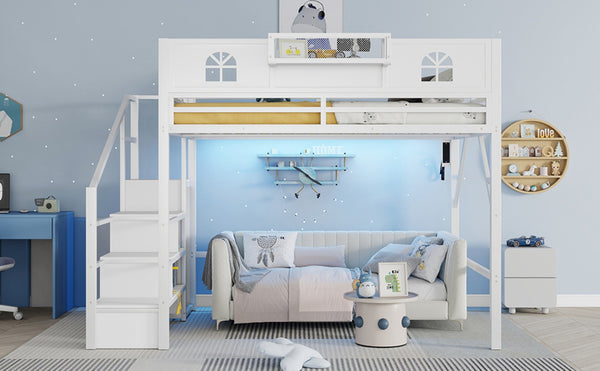 English Elm Metal Queen Loft Bed with L Shaped Desk Wardrobe Led Lighting and Usb for Teens White W2593S00057