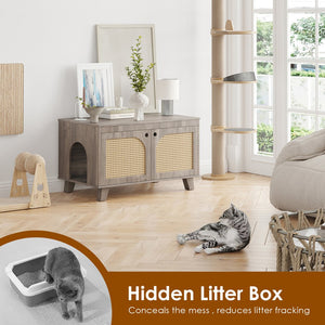 English Elm Flip Top Hidden Cat Litter Box Enclosure with Rattan Doors, Flip-Top Access, Odor Control, Stylish Table Ready Grey T3623P354970