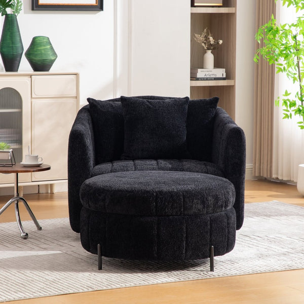 English Elm 39"w Swivel Barrel Club Chair with Channel Tufted Chenille and Round Storage Ottoman Set Black W3118S00050