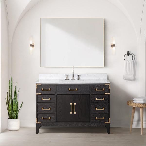 English Elm Black Oak Single Bath Vanity 48"W x 22"D with Carrara Marble Top, Solid Wood, Soft-Close Drawers, Storage B2731P260922