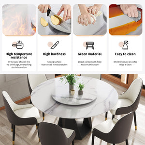English Elm 59.05" Round Marble Dining Table With Black Iron Base & 31.5" Turntable – Seats 6-8, Elegant Design W1535S00406