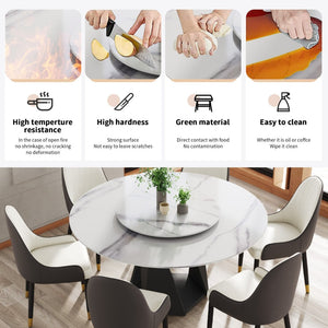 English Elm 59.05" Round Sintered Stone Dining Table with Lazy Susan Iron Base Seats 8 Black,White W1535S00640