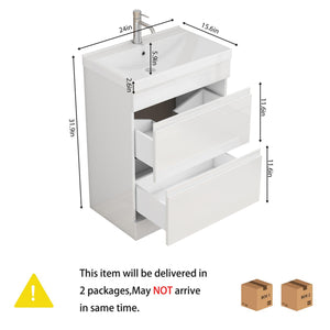 English Elm 24-Inch Bathroom Vanity With Unique Thick Ceramic Basin & Soft-Close Drawers For Modern Spaces W3151S00058