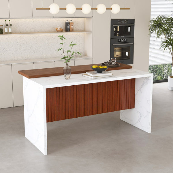 English Elm 63" Modern Kitchen Island with Black Marble-Look Surface, LED Ambient Lighting & Grille Accent White+Walnut W2699P365916