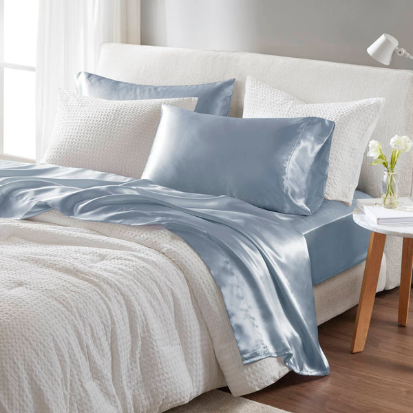 English Elm 6 Luxury King Satin Sheet Set Blue – 6-Piece 100% Polyester 90g Soft Wrinkle-Resistant Bedding Pack B035P319702