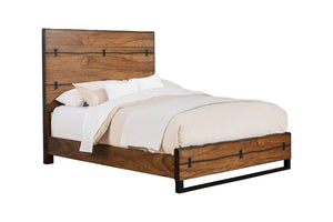 Alpine Furniture Live Edge Plantation Mahogany King Bed In Tobacco Finish With Live Edge Detail, Bowtie Accents, Solid Craftsmanship 5200-07EK