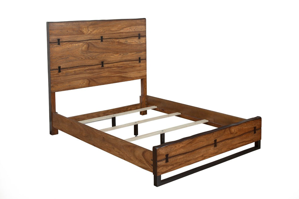 Alpine Furniture Live Edge Plantation Mahogany King Bed In Tobacco Finish With Live Edge Detail, Bowtie Accents, Solid Craftsmanship 5200-07EK