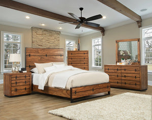 Alpine Furniture Live Edge Plantation Mahogany King Bed In Tobacco Finish With Live Edge Detail, Bowtie Accents, Solid Craftsmanship 5200-07EK