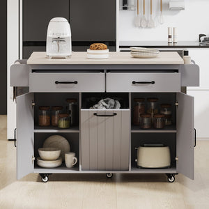 English Elm K&K Kitchen Island with Tilt-Out Trash Can, Drop Leaf Counter, Adjustable Shelf, Rolling Cart Grey WF326381AAG