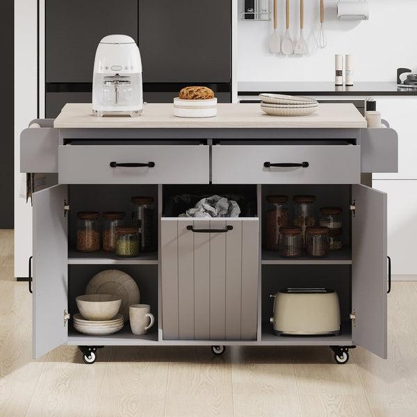 English Elm K&K Kitchen Island with Tilt-Out Trash Can, Drop Leaf Counter, Adjustable Shelf, Rolling Cart Grey WF326381AAG